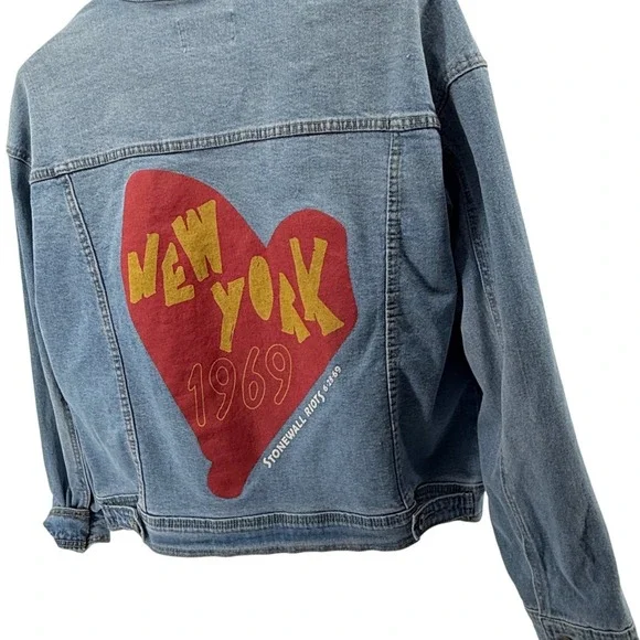 New York 1969 Stonewall Denim Jacket Lips Patch Light Wash XL - Picture 5 of 8